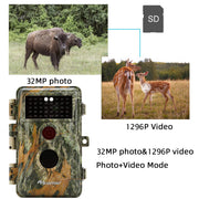4-Pack Jaktkameror med No Glow, 940nm Infraröd, Mörkerseende och Rörelsedetektor, 32MP HD 1296P, 0.3S Utlösningstid,IP66 Vattentät för Utomhus och Vilda Djur| A252 Grönt
